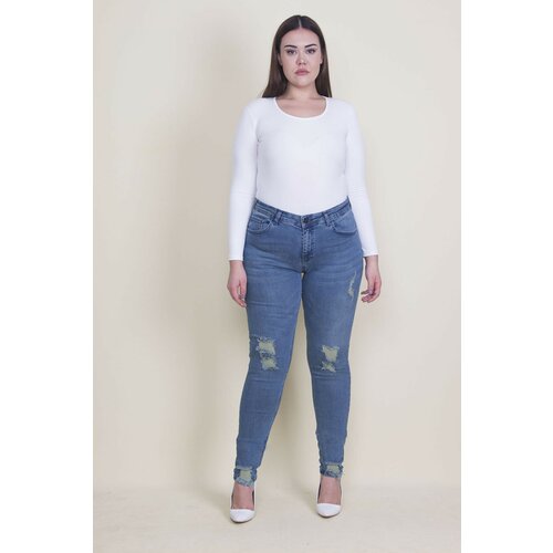 Şans Women's Large Size Blue Ripped Detailed Lycra Denim Skinny Trousers Cene