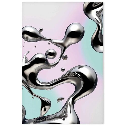  Slika - Metallic Fluidity - Abstract Silver Forms on a Mint-Purple Background 80x120 Cene