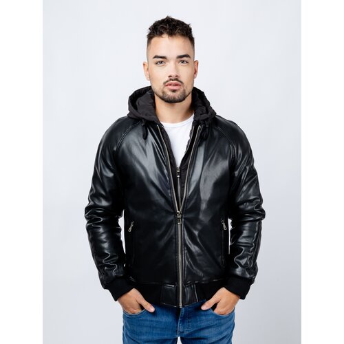 Glano Men's Leatherette Hooded Jacket - Black Cene
