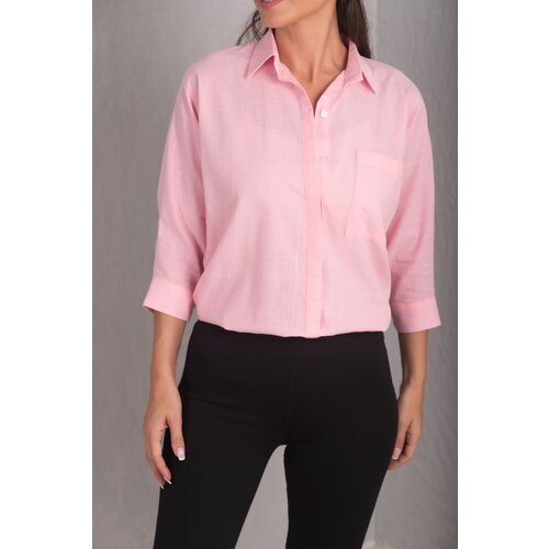 armonika Women's Powder Pink Loose Linen Shirt with Pocket Slike