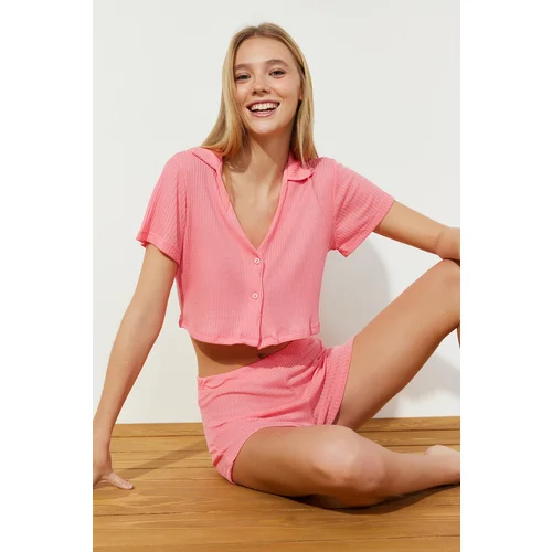 Trendyol Pink Corded Crop T-shirt-Shorts Knitted Pajama Set