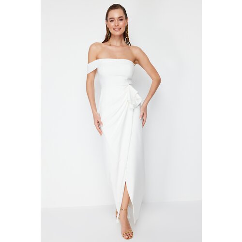 Trendyol White Flounced Woven Elegant Evening & Graduation Dress Slike