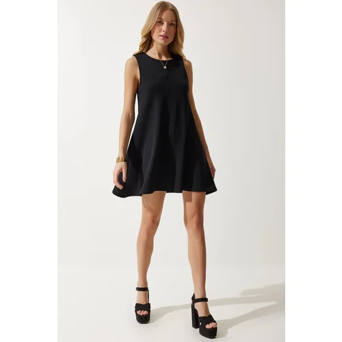  Women's Black Crew Neck Summer Woven Bell Dress