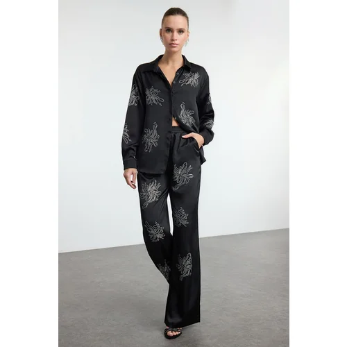 Trendyol Black Shiny Stone Printed Satin Woven Trousers