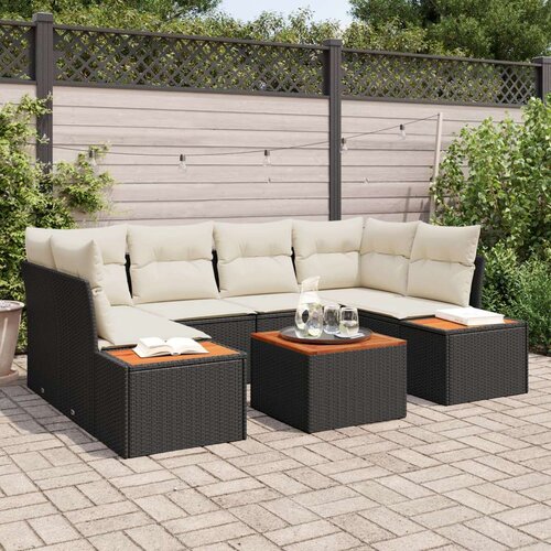  7 kos vrtna sofa set z blazinami črna poli ratan akacija, (22091060) Slike