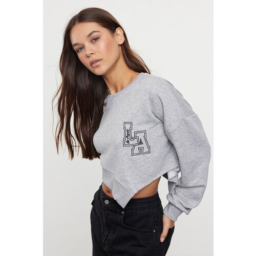 Trendyol Gray Melange Oversize/Wide Fit Asymmetrical Crop Thick Knitted Sweatshirt Slike