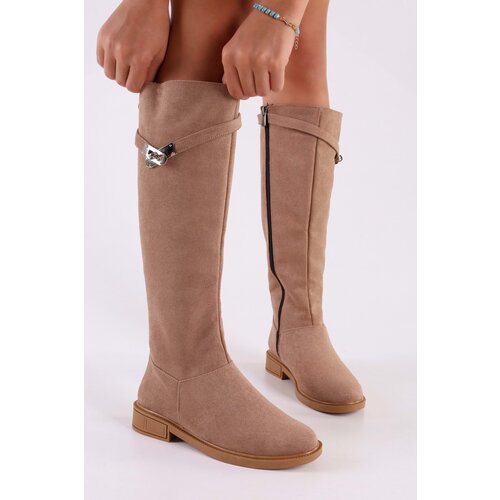 Shoeberry Women&amp;#039;s Titan Mink Suede Buckle Flat Heeled Boots Mink Suede Slike