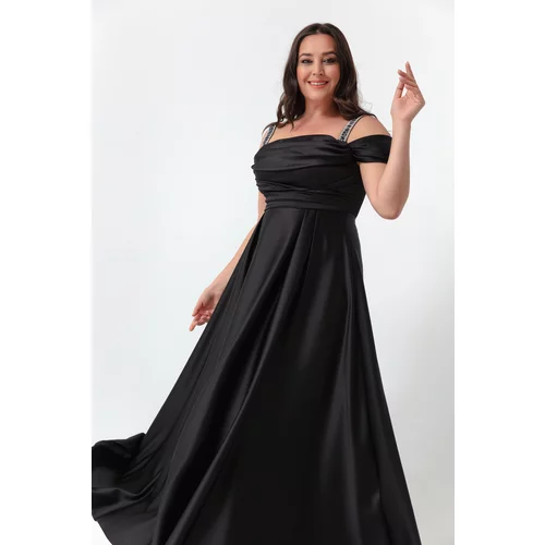 Lafaba Women's Black Stone Strap Draped Plus Size Long Evening Dress