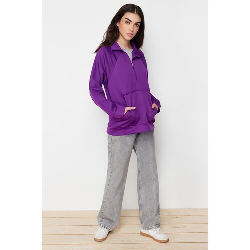 Trendyol Purple Kangaroo Pocket Zipper Detailed Scuba Knitted Sweatshirt Slike