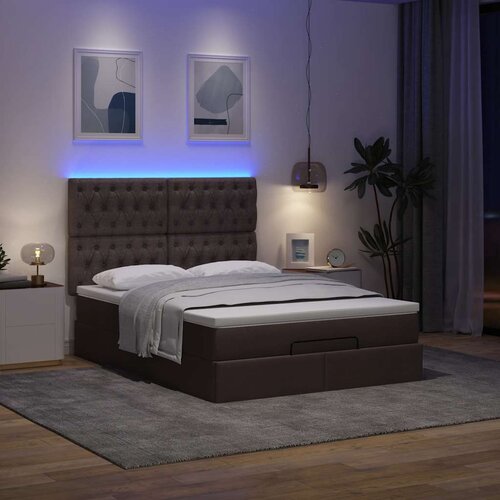  Otomanski krevet s madracem i LED tamnosmeđi 140x190 cm tkanine Slike