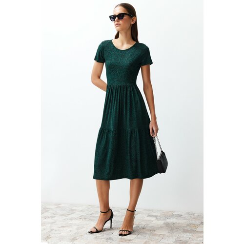 Trendyol dark green printed skater/waist open elastic knitted midi dress Cene