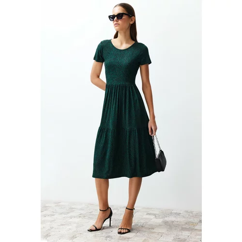 Trendyol Dark Green Printed Skater/Waist Open Elastic Knitted Midi Dress