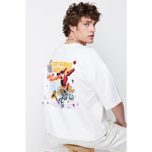 Trendyol White Men's Oversize Space Printed 100% Cotton T-Shirt Slike