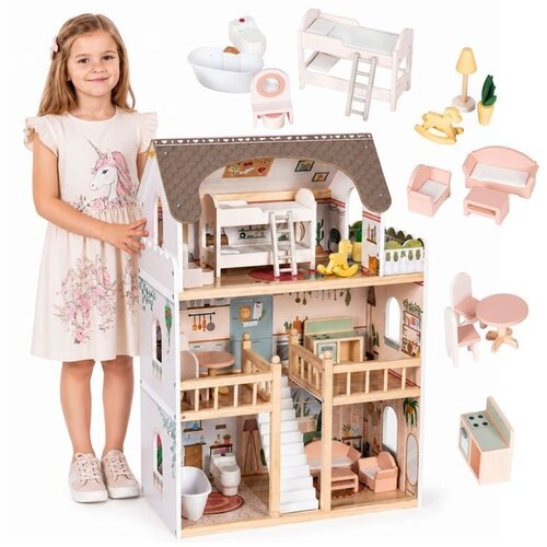 ECO TOYS Drvena trospratna kućica za lutke Laura, sa 15 komada name&amp;scaron;taja &amp;ndash; ECOTOYS Slike