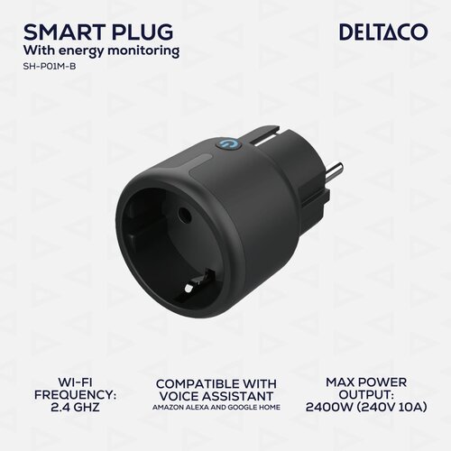Deltaco SMART HOME mini utičnica, LED, WiFi 2.4GHz, kontrola potro&amp;scaron;nje, 1xCEE 7/3, 15A, Timer, CRNA Slike