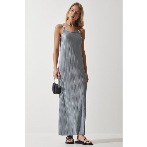 Happiness İstanbul Women's Gray Strappy Summer Pleated Dress Slike