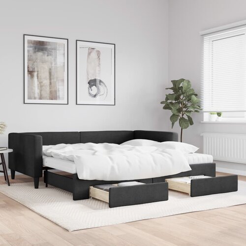 VidaXL Dnevni krevet na razvlačenje s ladicama crni 100x200 cm tkanina Slike