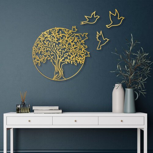 Wallity Zidna dekoracija Drvo i ptice 4, 61x56 cm, zlatna boja Cijene