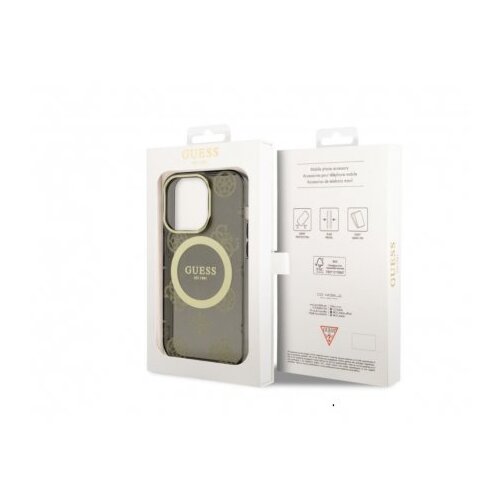Guess Futrola za iPhone 14 Pro IML GLITTER PEONY GOLD BLACK MagSafe Slike