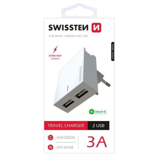 Swissten punjač za AC220, 2xUSB, 3.1A, SMART IC, držač, bijeli Slike