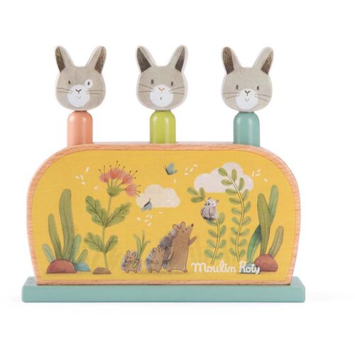Moulin Roty Wooden Pop Up Toy Trois Petits Lapins skočna igračka 12m+ 1 kom Slike