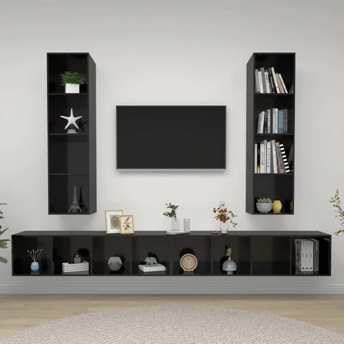  Stenska TV omarica 4 kosi visok sijaj črne barve iverna plošča, (20733604)
