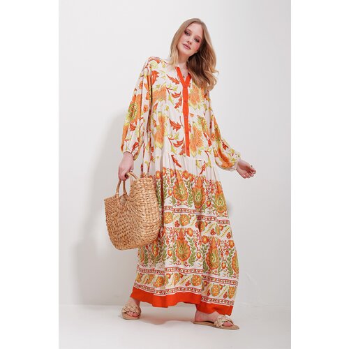 Trend Alaçatı Stili Women's Orange V-Neck Buttoned Patterned Maxi Length Woven Viscose Dress Slike