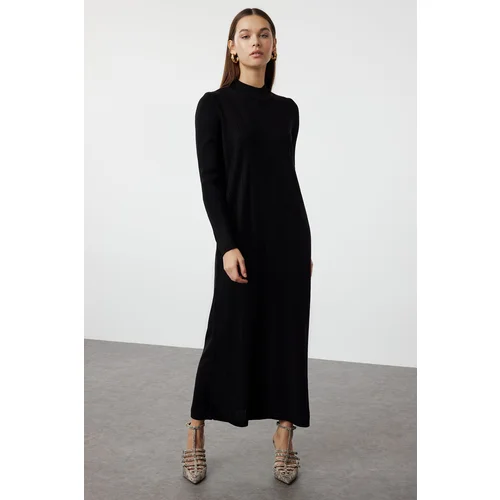 Trendyol Black Self-Patterned Half Turtleneck Knitwear Zigzag Textured Dress