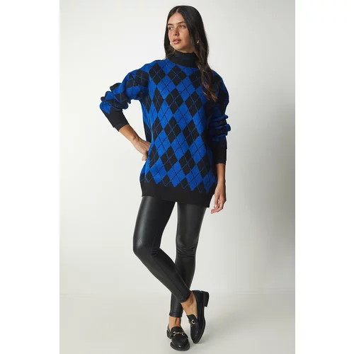 Happiness İstanbul Women's Blue Diamond Pattern Oversized Knitwear Sweater