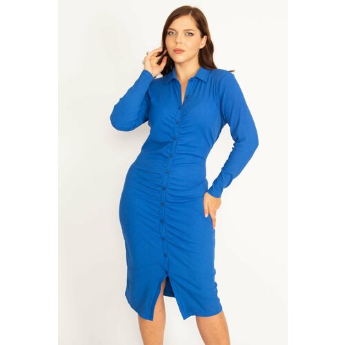 Şans Women's Plus Size Saks Front Button And Gathered Detailed Lycra Self Striped Dress Slike