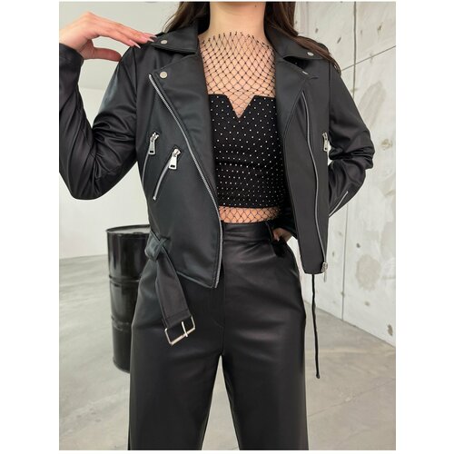 BİKELİFE Women's Black Belted Leather Jacket Slike
