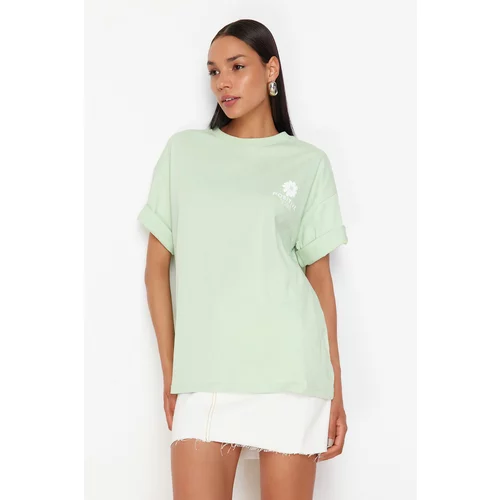 Trendyol Mint Back Printed Oversize/Wide Fit Crew Neck Knitted T-Shirt