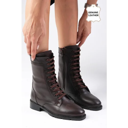 Mio Gusto Solana Genuine Leather Brown Women's Combat Boots