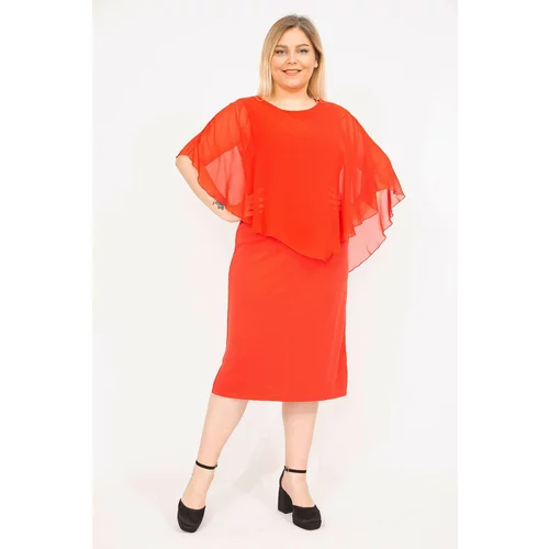 Şans Women's Red Plus Size Chiffon Cape Dress