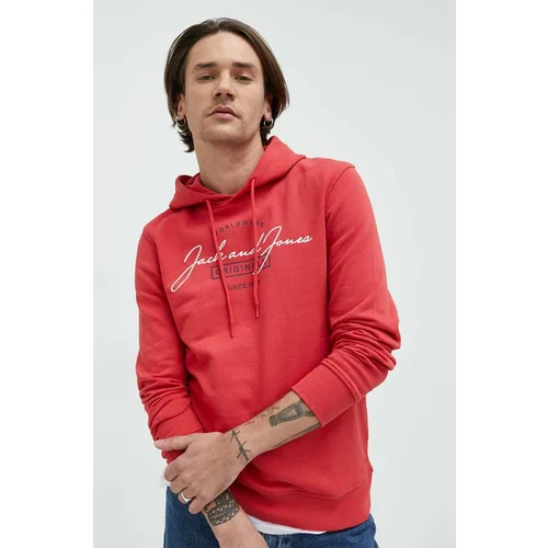 Jack & Jones Dukserica za muškarce, boja: crvena, s kapuljačom, s tiskom