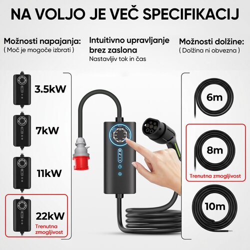 JUNSUN EV polnilni kabel Tip 2 | 22 kW trifazni | 8 m | CEE vtič | Nastavljiv tok 8&amp;ndash;32 A | IP67 | Prenosni polnilnik za električne avtomobile, (5000231349) Slike