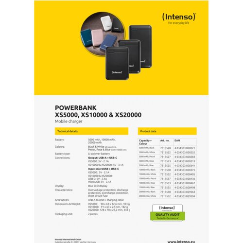 Intenso Prenosna baterija XS5000 črna, SLIM, 5000mAh 7313520 Slike