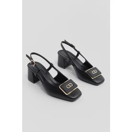 Marjin Women's Buckled Open Back Scarf Flat Toe Classic Heeled Shoes Black