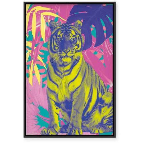  Slika - Colorful Tiger - Intense Colors of a Tiger Surrounded by Tropical Plants 80x120 U crnom drvenom okviru Slike