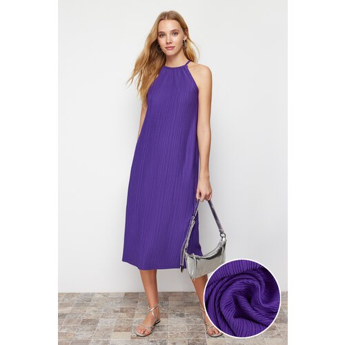 Trendyol purple shift/plain zero sleeve midi pleated knitted dress Cene