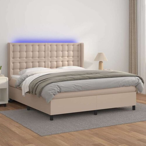 Krevet box spring madrac LED cappuccino 180x200cm umjetna koža Slike
