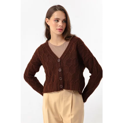 Lafaba Women's Brown Knitted Detailed Cardigan with a Sharon Knitwear