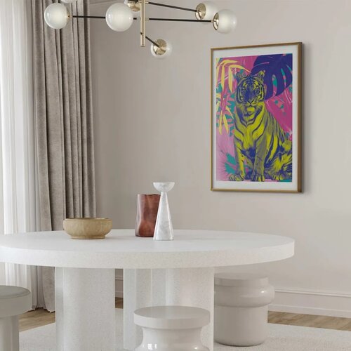  Plakat - Colorful Tiger - intense colors of a tiger surrounded by tropical plants 40x60 Zlatni okvir s margom Slike