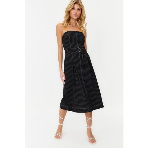 Trendyol Black Belted Premium Fabric Skirt Flounce Striped Woven Dress Slike
