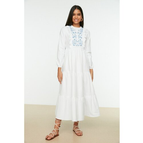 Trendyol White Ruffle Detailed Embroidered Woven Dress Slike