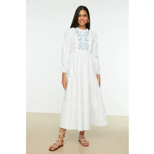 Trendyol White Ruffle Detailed Embroidered Woven Dress