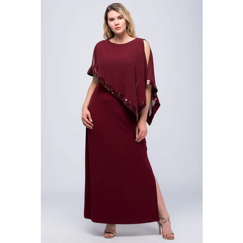 Şans Women's Plus Size Burgundy Chiffon And Sequin Detailed Evening Dress