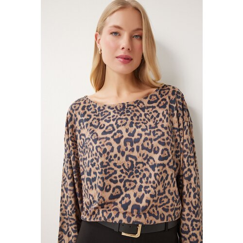 Happiness İstanbul Women's Black Beige Leopard Patterned Blouse Slike