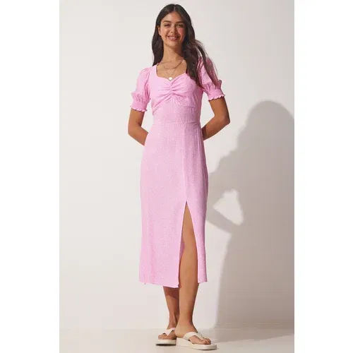 Happiness İstanbul Women's Pink Pleated Sweetheart Viscose Summer Dress