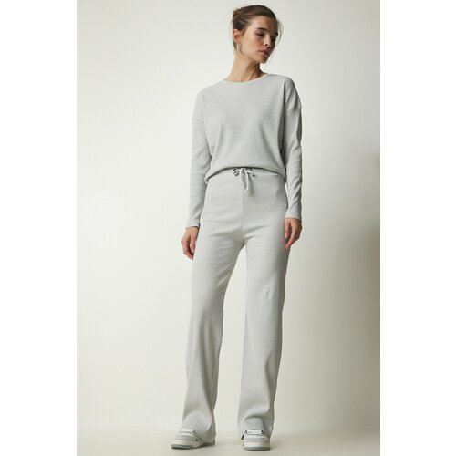 Happiness İstanbul Women's Light Gray Casual Ribbed Blouse Pants Suit Slike